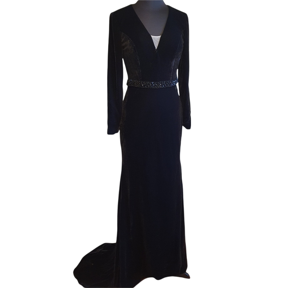 Velvet velour black evening gown prom pageant dress